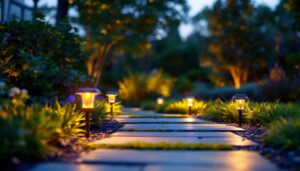 A photograph of a well-lit outdoor space featuring small led solar lights illuminating a pathway or garden area