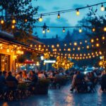 A photograph of a beautifully lit outdoor café setting during twilight