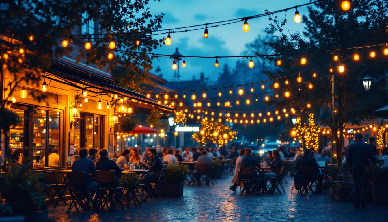 A photograph of a beautifully lit outdoor café setting during twilight