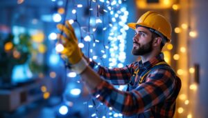 A photograph of a lighting contractor working on an installation of led decorative lights in a stylish indoor setting