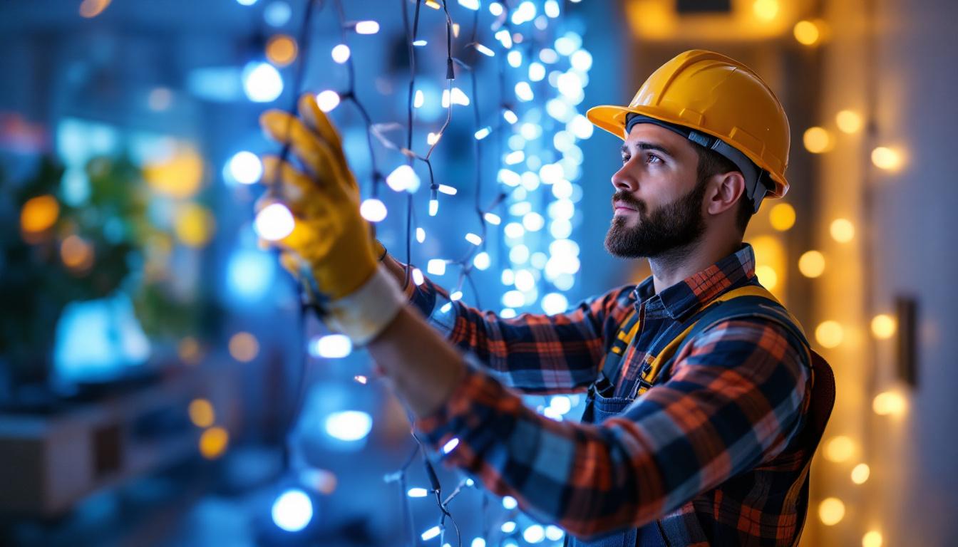 A photograph of a lighting contractor working on an installation of led decorative lights in a stylish indoor setting