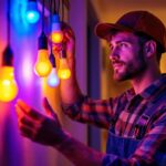 A photograph of a lighting contractor in action