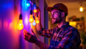 A photograph of a lighting contractor in action