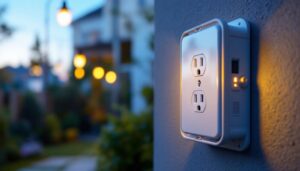 A photograph of a weatherproof outdoor outlet box installed on a wall