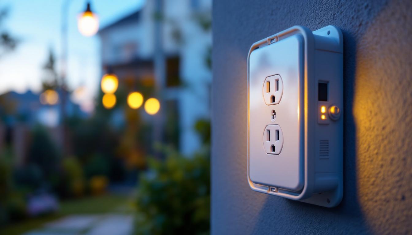 A photograph of a weatherproof outdoor outlet box installed on a wall