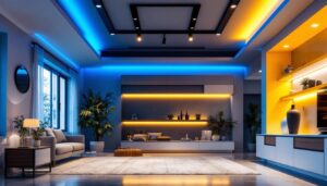 A photograph of a well-lit modern interior featuring 1-inch recessed lights installed in a stylish ceiling