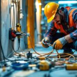 A photograph of a lighting contractor working with a 240-volt power cord on a job site