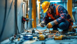 A photograph of a lighting contractor working with a 240-volt power cord on a job site
