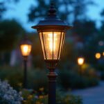 A photograph of capture a photograph of a beautifully designed bronze outdoor lamp post illuminated at dusk