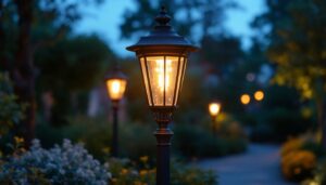 A photograph of capture a photograph of a beautifully designed bronze outdoor lamp post illuminated at dusk