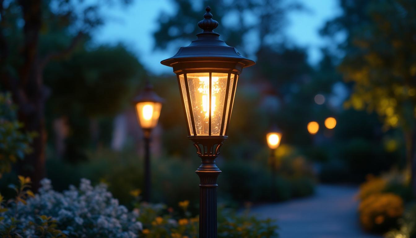 A photograph of capture a photograph of a beautifully designed bronze outdoor lamp post illuminated at dusk