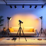 A photograph of a stylishly arranged track lighting setup in a modern interior space
