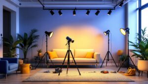 A photograph of a stylishly arranged track lighting setup in a modern interior space