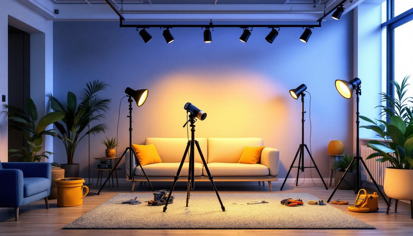 A photograph of a stylishly arranged track lighting setup in a modern interior space