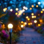 A photograph of a beautifully illuminated garden scene at dusk