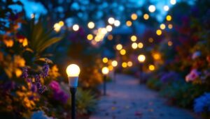 A photograph of a beautifully illuminated garden scene at dusk