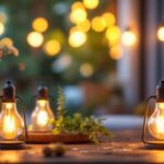 A photograph of a beautifully arranged outdoor scene featuring light bulbs that mimic the vintage style of gas lanterns