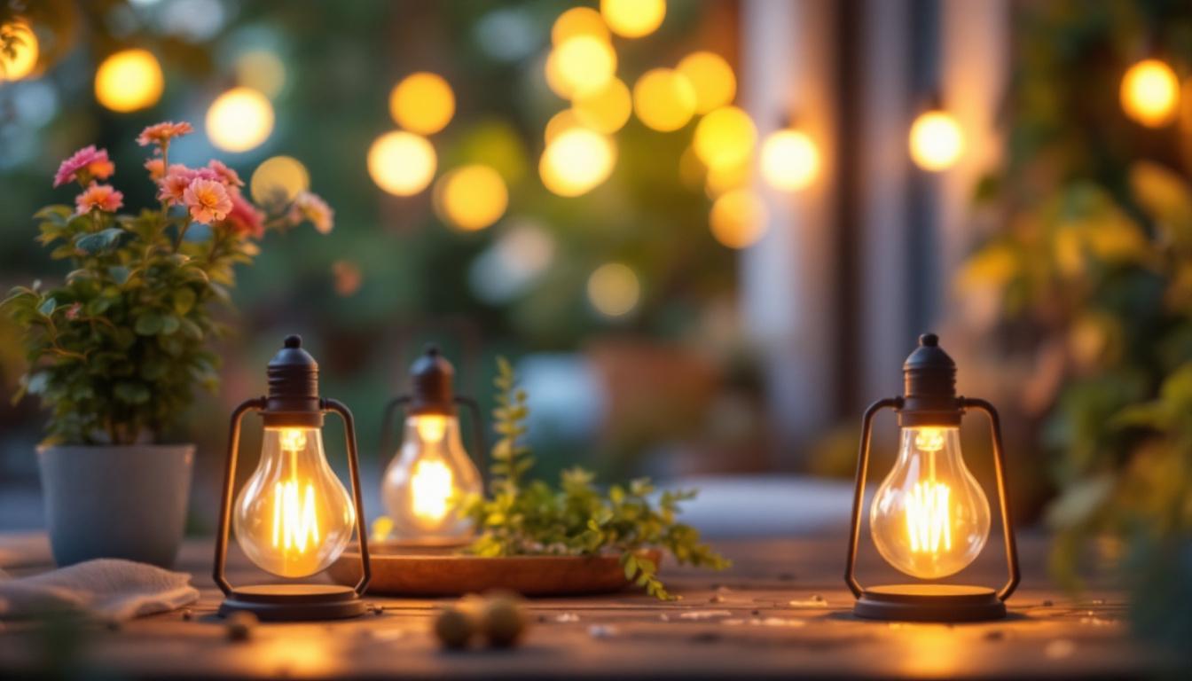 A photograph of a beautifully arranged outdoor scene featuring light bulbs that mimic the vintage style of gas lanterns