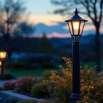 A photograph of a beautifully designed outdoor three-light post in a landscaped setting