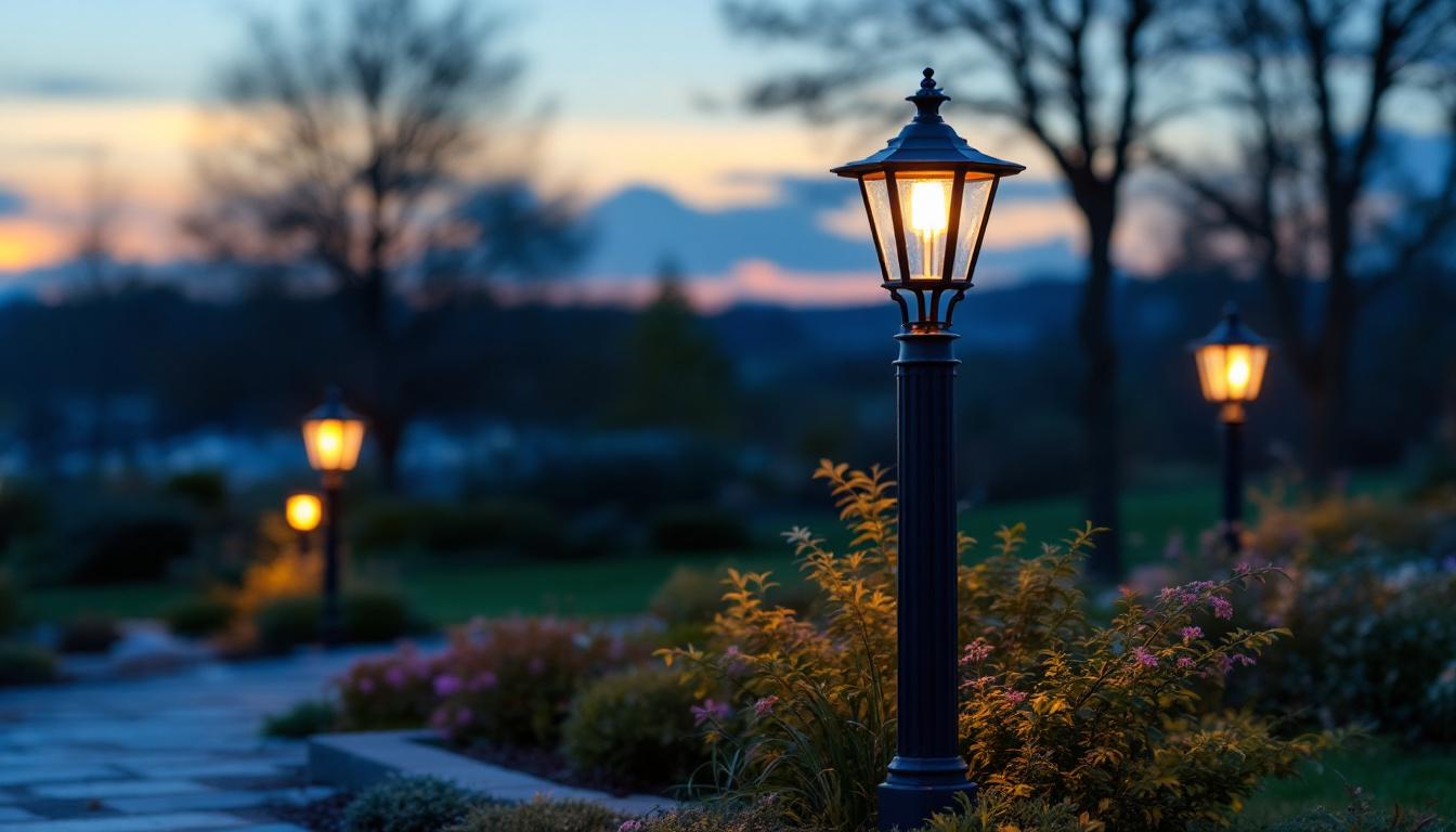 A photograph of a beautifully designed outdoor three-light post in a landscaped setting