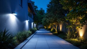 A photograph of a well-lit outdoor space showcasing a rab wall pack led fixture in use