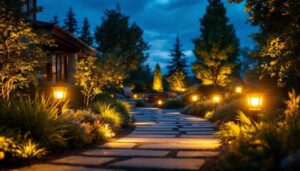 A photograph of a beautifully illuminated outdoor landscape featuring various landscape lights in action