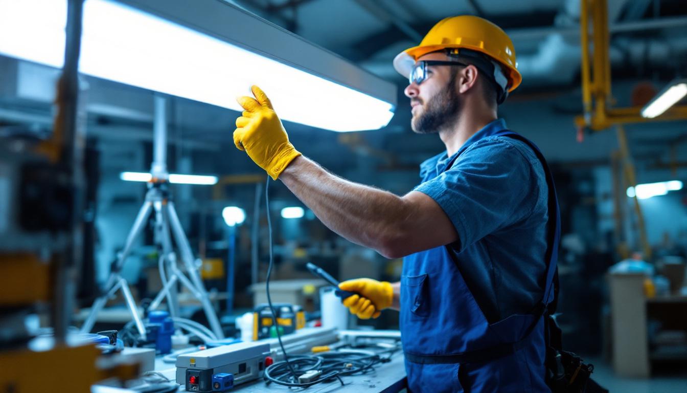 A photograph of a lighting contractor expertly installing or inspecting an 8-foot fluorescent ballast in a commercial setting