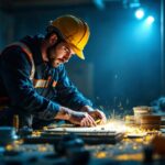 A photograph of a lighting contractor working on a project with high-intensity lighting