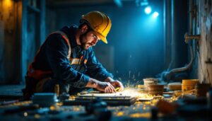 A photograph of a lighting contractor working on a project with high-intensity lighting