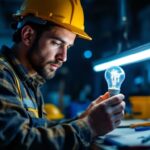 A photograph of a lighting contractor inspecting a fluorescent bulb in a dimly lit environment