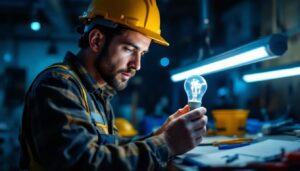 A photograph of a lighting contractor inspecting a fluorescent bulb in a dimly lit environment