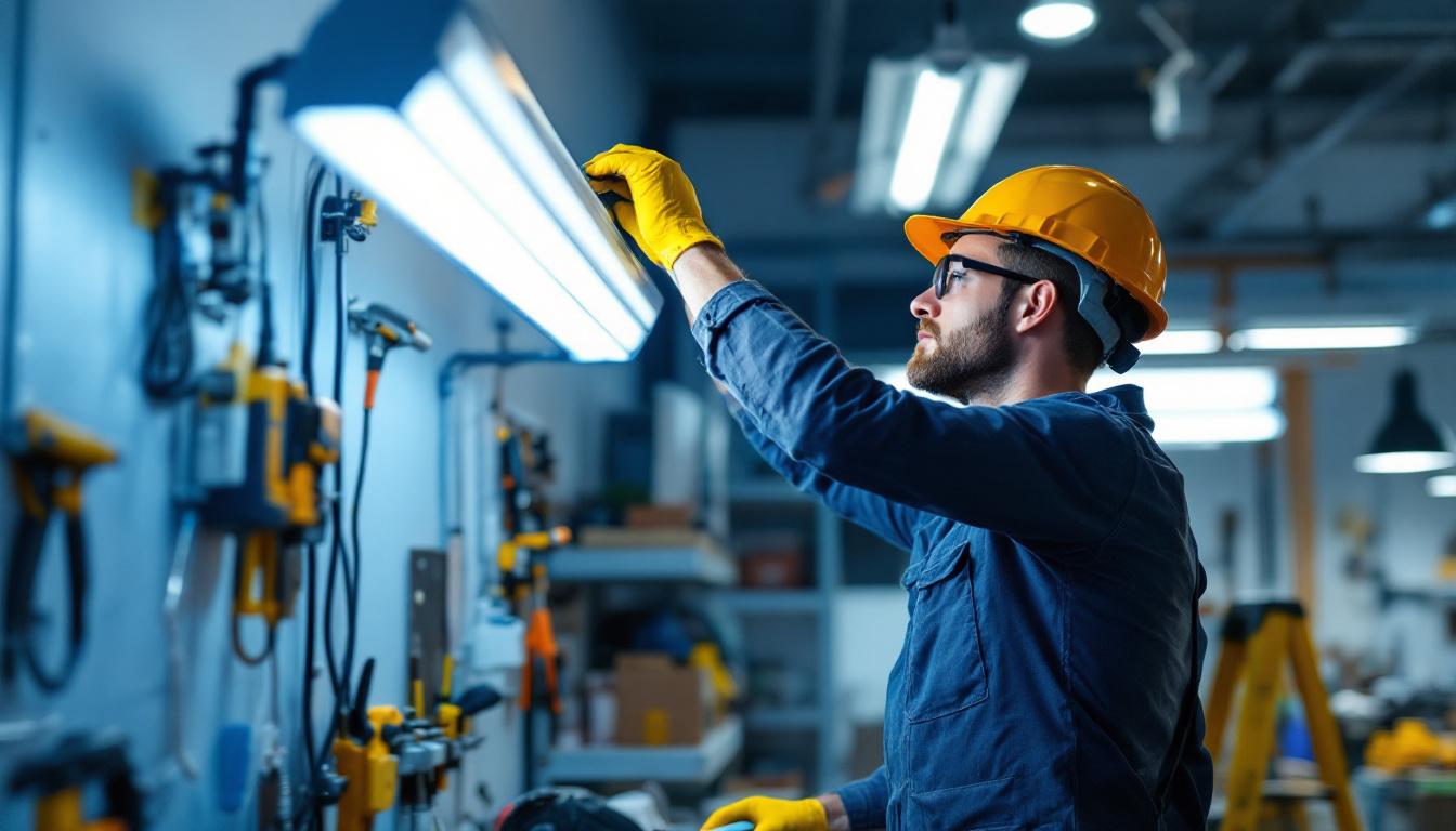 A photograph of a lighting contractor skillfully wiring a fluorescent light fixture to an led setup