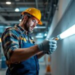 A photograph of a skilled lighting contractor installing a t8 led ballast in a modern commercial space