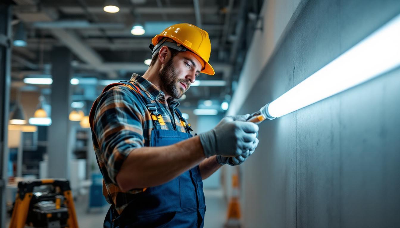 A photograph of a skilled lighting contractor installing a t8 led ballast in a modern commercial space