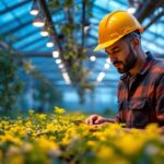 A photograph of a lighting contractor examining a well-lit greenhouse