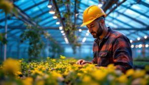 A photograph of a lighting contractor examining a well-lit greenhouse