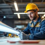 A photograph of a lighting contractor examining a 4-foot fluorescent light ballast