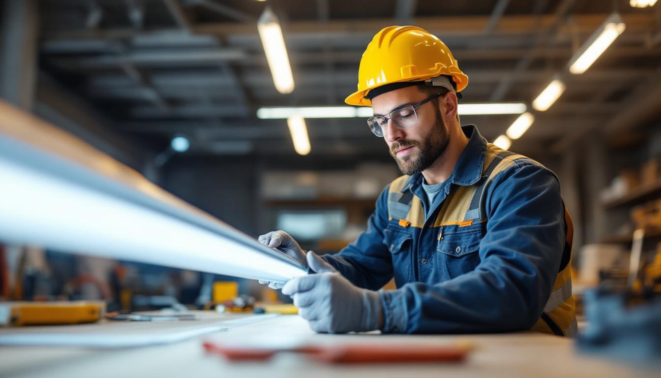 A photograph of a lighting contractor examining a 4-foot fluorescent light ballast