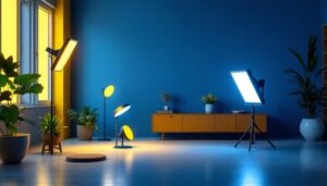 A photograph of capture a photograph of a well-lit room featuring a 3-inch led light fixture prominently installed alongside various alternative lighting options