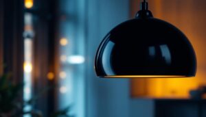 A photograph of a stylish black round pendant light hanging elegantly in a modern interior setting