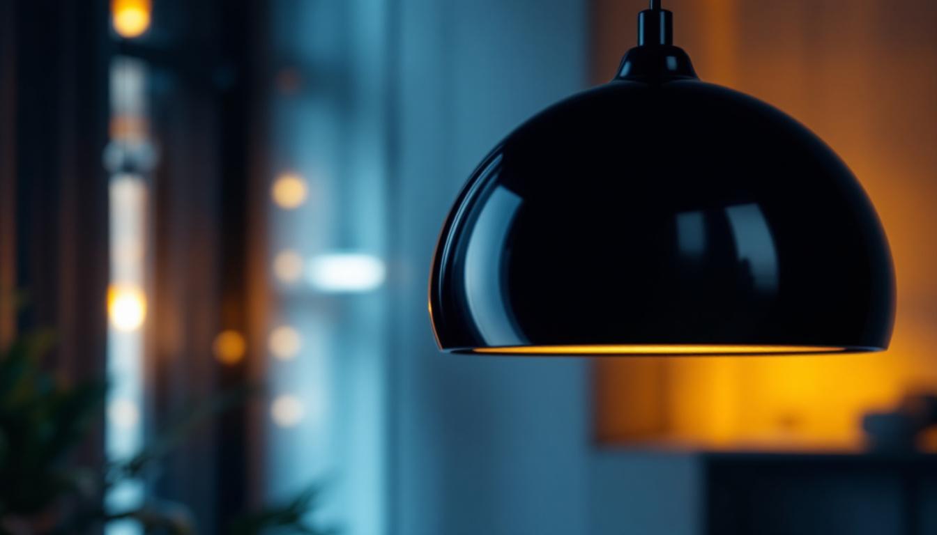 A photograph of a stylish black round pendant light hanging elegantly in a modern interior setting