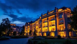 A photograph of a beautifully illuminated building at dusk