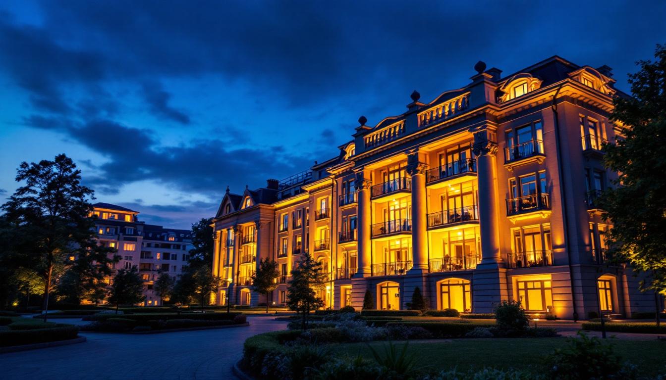 A photograph of a beautifully illuminated building at dusk