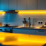 A photograph of a beautifully designed kitchen featuring under cabinet lights with integrated outlets