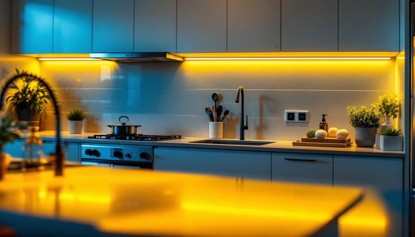 A photograph of a beautifully designed kitchen featuring under cabinet lights with integrated outlets