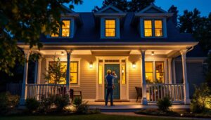 A photograph of a beautifully illuminated porch at dusk