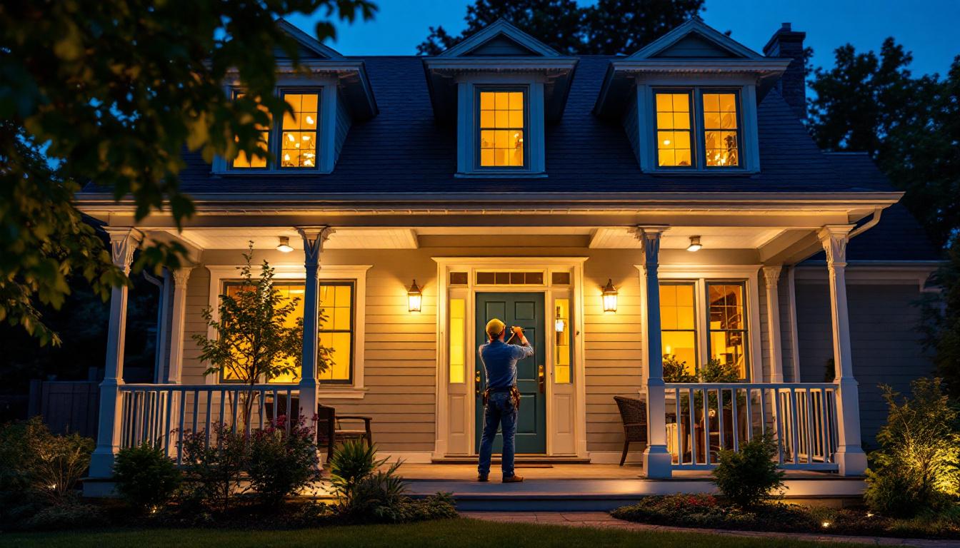 A photograph of a beautifully illuminated porch at dusk