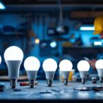 A photograph of a well-lit workspace featuring a variety of 12-volt led bulbs with standard bases