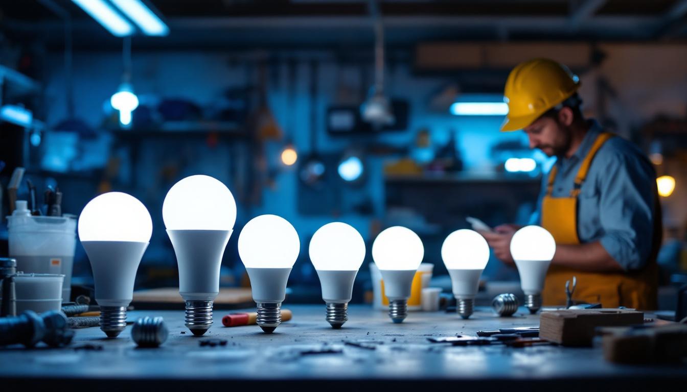 A photograph of a well-lit workspace featuring a variety of 12-volt led bulbs with standard bases