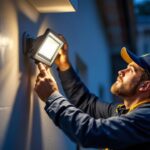A photograph of a skilled lighting contractor expertly installing a floodlight fixture in a residential or commercial setting